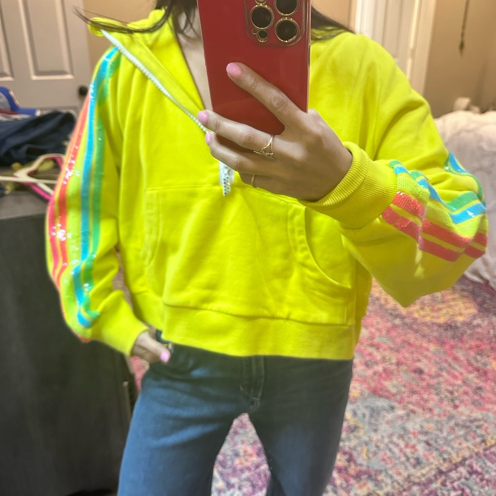 Yellow Hoodie with Rainbow Stripes